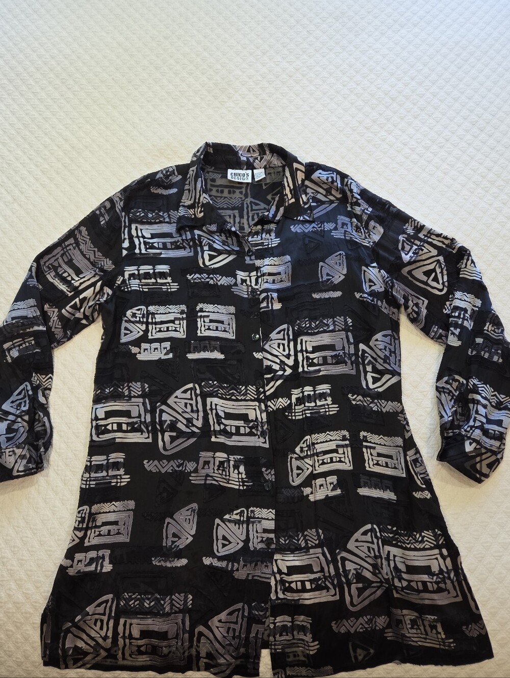 VTG Chico's Silk Blend Tunic Button Up Top XL 16 Black White Print Semi Sheer
